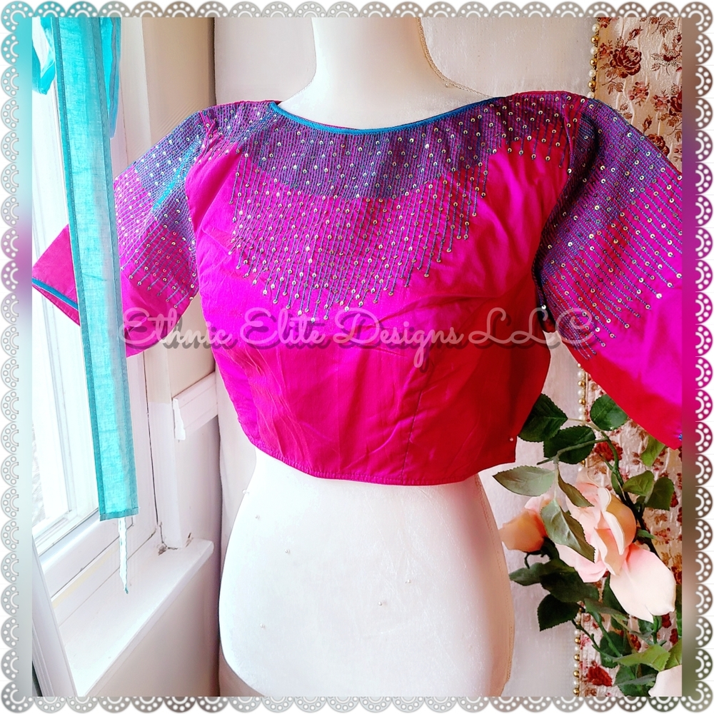 New Pink Blue handmade Embroidered silk cotton Saree blouse